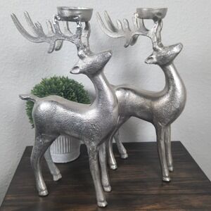 Silver Reindeer Candle Holders Set of‎ 2 Christmas Table Decor 11.5"